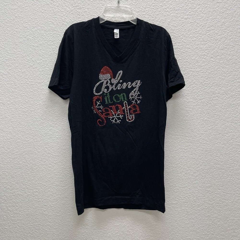 Bling it on Santa  Womens Small Christmas Holiday Top T-Shirt Black Rhinestones